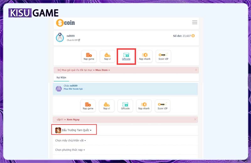 Chọn máy chủ tương ứng Đấu Trường Tam Quốc VTC