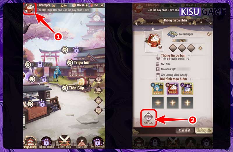 Giao diện chính Yêu Linh Tập Kết nhấn vào Avatar nhân vật và chọn Giftcode