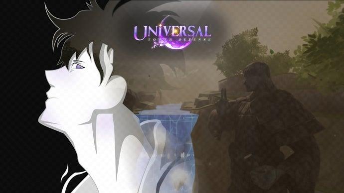 A screenshot from a loading screen in Universal Tower Defense in Roblox, featuring Sung Jin Woo from Solo Levelling beside a statue from the game's Ninja Forest level.