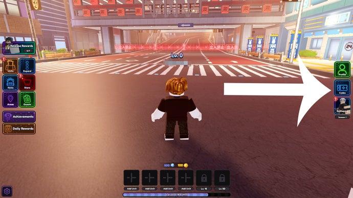 An arrow pointing at the codes button in the Roblox game Universal Tower Defense.