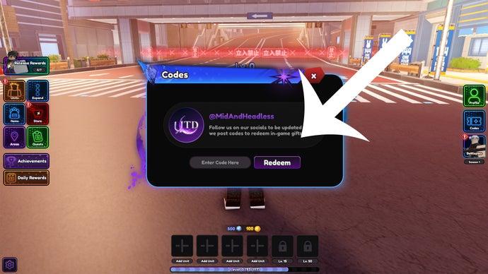 An arrow pointing at the codes menu in the Roblox game Universal Tower Defense.