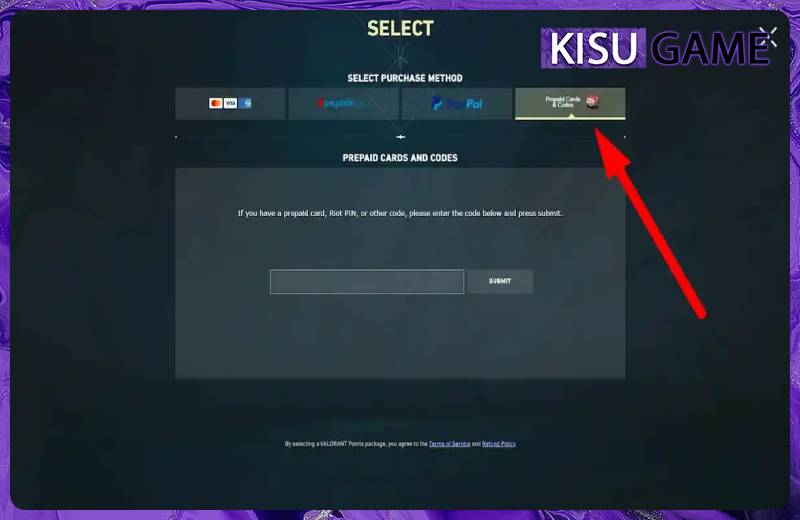 Chọn mục “Prepaid Cards and Codes” trong Valorant
