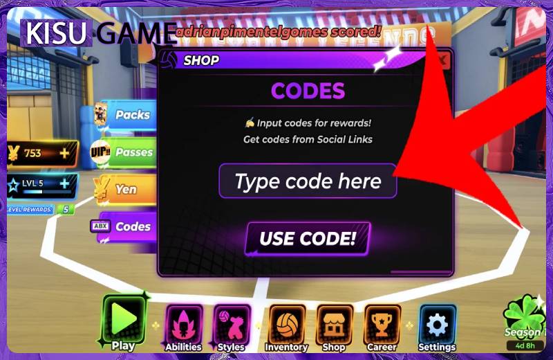 Nhập code game Volleyball Legends và chọn Use code